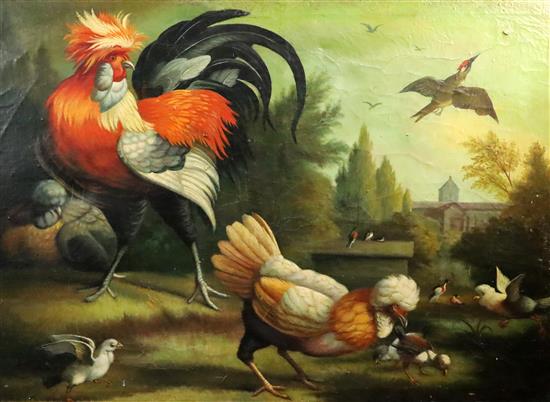 Studio M. Canals After dHondecoeter Exotic poultry in a landscape 35.5 x 47.25in., unframed